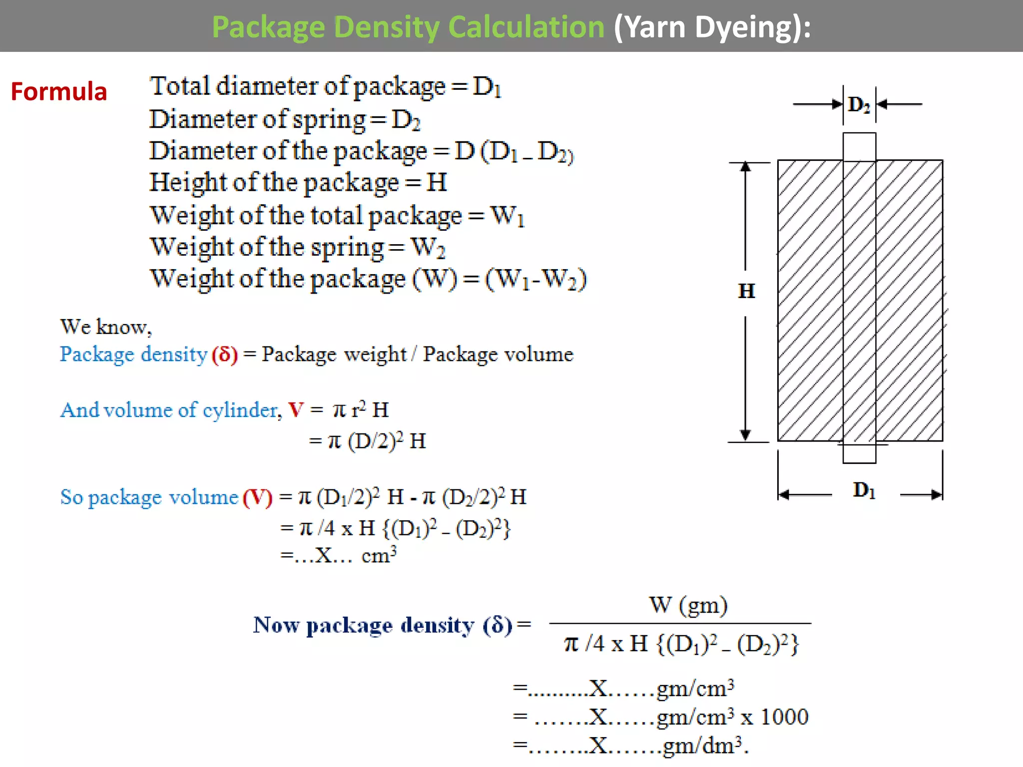 Package Density Calculation (Yarn Dyeing):
Formula
 