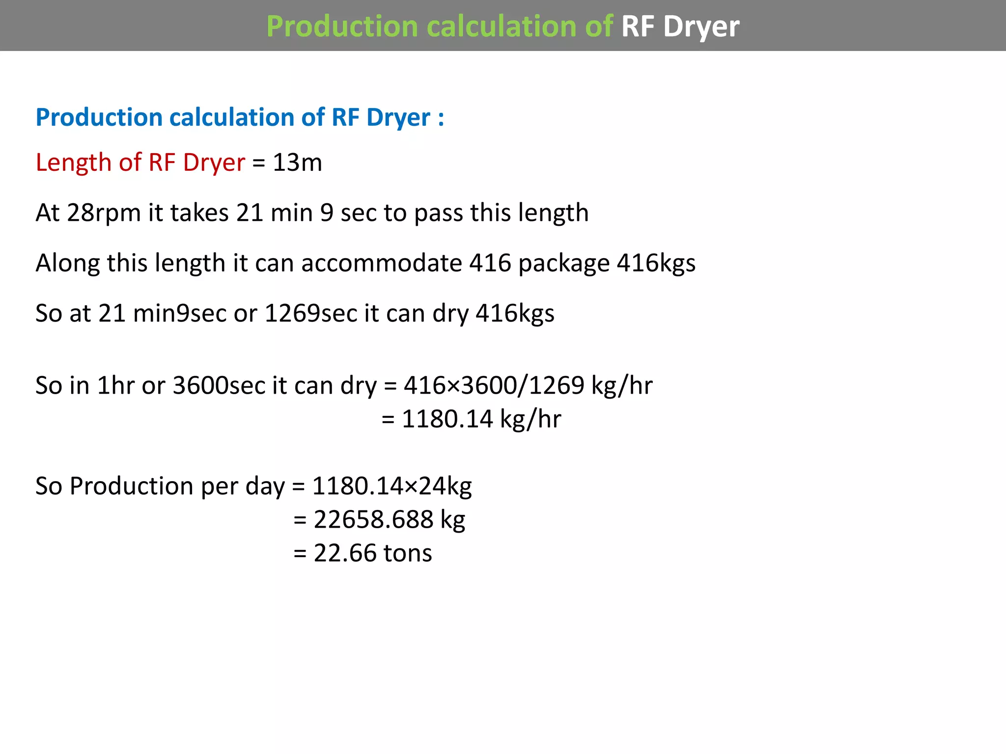 Production calculation of RF Dryer :
Length of RF Dryer = 13m
At 28rpm it takes 21 min 9 sec to pass this length
Along this length it can accommodate 416 package 416kgs
So at 21 min9sec or 1269sec it can dry 416kgs
So in 1hr or 3600sec it can dry = 416×3600/1269 kg/hr
= 1180.14 kg/hr
So Production per day = 1180.14×24kg
= 22658.688 kg
= 22.66 tons
Production calculation of RF Dryer
 