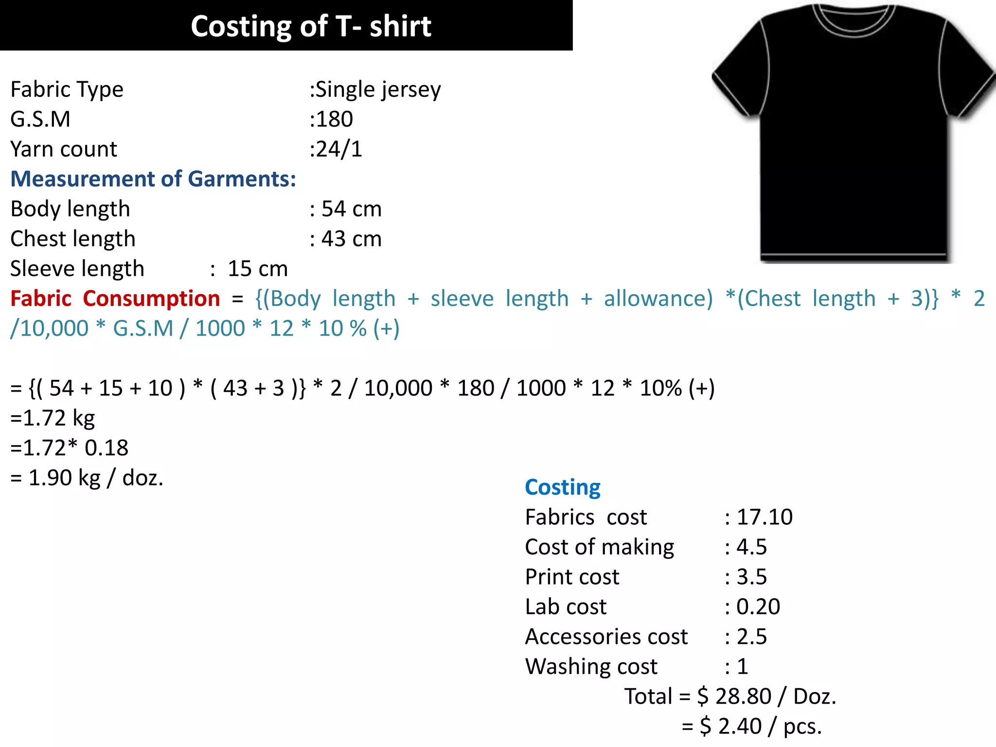 Costing of T- shirt
Fabric Type :Single jersey
G.S.M :180
Yarn count :24/1
Measurement of Garments:
Body length : 54 cm
Chest length : 43 cm
Sleeve length : 15 cm
Fabric Consumption = {(Body length + sleeve length + allowance) *(Chest length + 3)} * 2
/10,000 * G.S.M / 1000 * 12 * 10 % (+)
= {( 54 + 15 + 10 ) * ( 43 + 3 )} * 2 / 10,000 * 180 / 1000 * 12 * 10% (+)
=1.72 kg
=1.72* 0.18
= 1.90 kg / doz. Costing
Fabrics cost : 17.10
Cost of making : 4.5
Print cost : 3.5
Lab cost : 0.20
Accessories cost : 2.5
Washing cost : 1
Total = $ 28.80 / Doz.
= $ 2.40 / pcs.
 