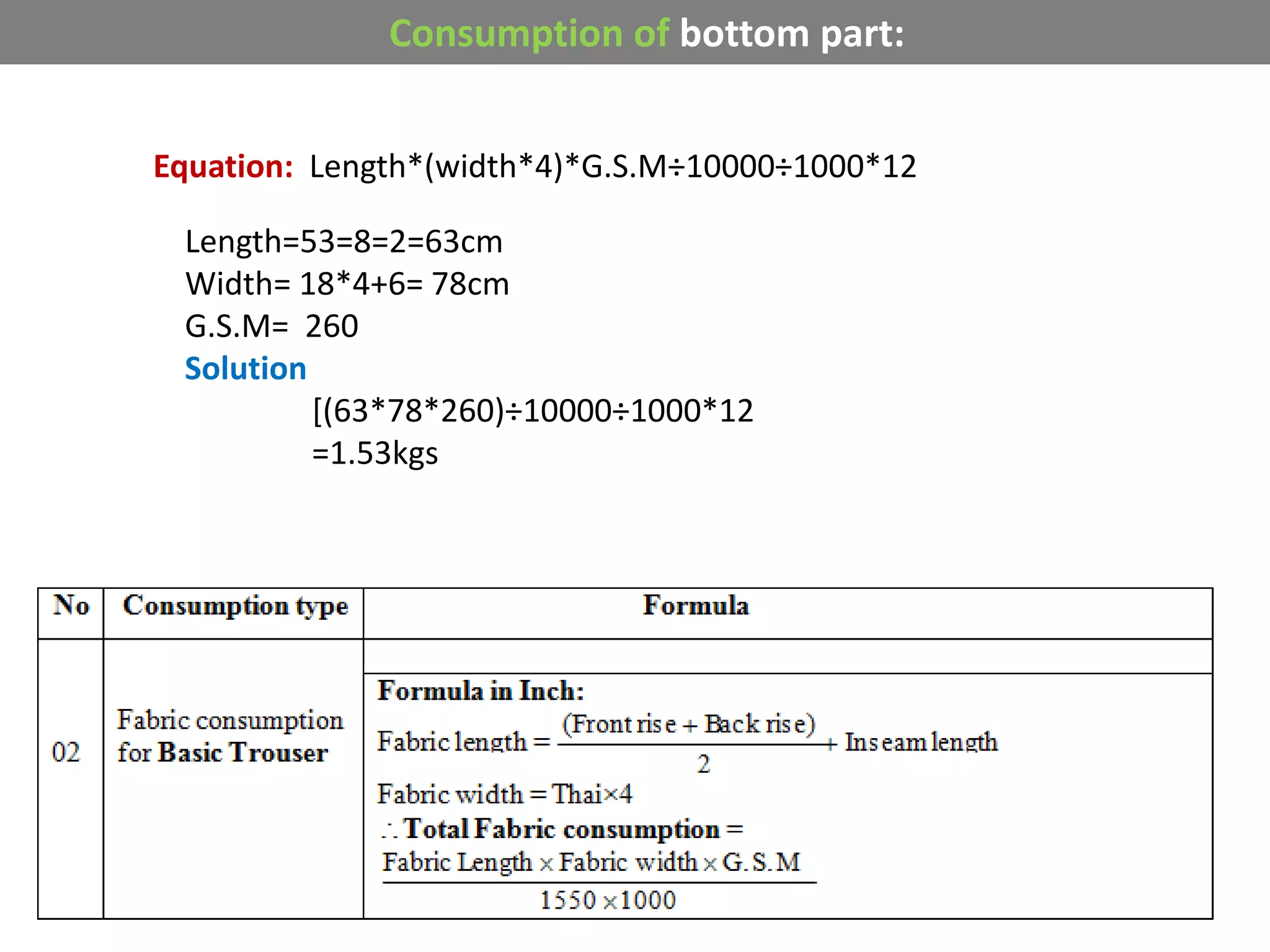 Consumption of bottom part:
Equation: Length*(width*4)*G.S.M÷10000÷1000*12
Length=53=8=2=63cm
Width= 18*4+6= 78cm
G.S.M= 260
Solution
[(63*78*260)÷10000÷1000*12
=1.53kgs
 