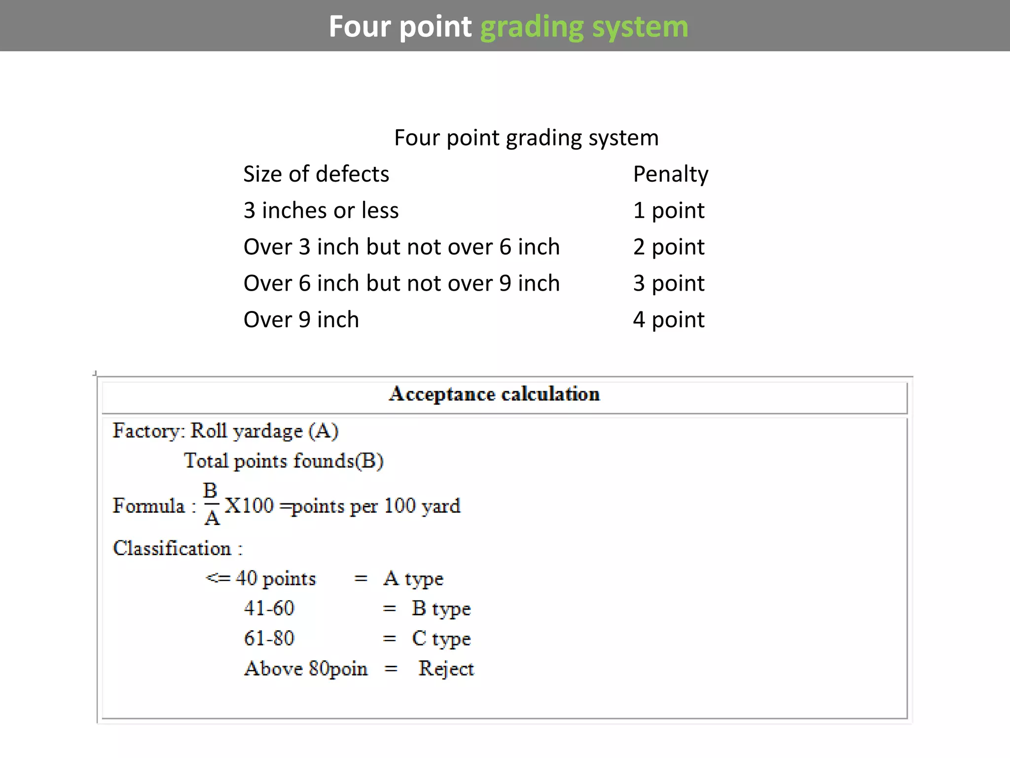 Four point grading system
Size of defects Penalty
3 inches or less 1 point
Over 3 inch but not over 6 inch 2 point
Over 6 inch but not over 9 inch 3 point
Over 9 inch 4 point
Four point grading system
 