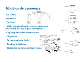 Modelos de esquemas:
•De llaves
•Numérico
•De letras
•Mixto (emplea el guión para las segundas
divisiones y el punto para las terceras)
•Organigramas de subordinación
•Diagramas
•De razonamiento lógico
•Cuadros sinópticos
•Diagramas de doble entrada=tablas
 