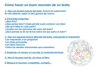 Cómo hacer un buen resumen de un texto:
1.- Haz una primera lectura del texto; lectura de exploración.
En ella deberás captar la idea general del mismo.
2.-Formúlate preguntas:
-¿Qué dice?
-¿Qué partes tiene? (Cada párrafo suele contener una idea)
-¿De qué habla en cada parte?
-¿Cuáles son las opiniones del autor del texto?
-¿Qué piensas tú de los temas sobre los que opina el autor?
3.- Haz una segunda lectura detenida del texto, subrayando lo importante:
-Las respuestas a tus preguntas
-Las ideas principales
-Los datos técnicos
-Todos los detalles interesantes para entenderlo.
4.-Explícate a ti mismo, en voz alta, el contenido del texto.
5.- Haz el resumen escrito, sin mirar al libro.
6.-Repasa el resumen; complétalo, corrígelo...
 