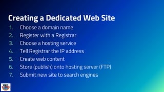 Creating a Dedicated Web Site
1. Choose a domain name
2. Register with a Registrar
3. Choose a hosting service
4. Tell Registrar the IP address
5. Create web content
6. Store (publish) onto hosting server (FTP)
7. Submit new site to search engines
 
