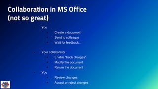 Collaboration in MS Office
(not so great)
 You
 Create a document
 Send to colleague
 Wait for feedback…
 Your collaborator
 Enable “track changes”
 Modify the document
 Return the document
 You
 Review changes
 Accept or reject changes
 