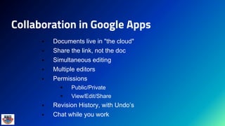 Collaboration in Google Apps
 Documents live in "the cloud"
 Share the link, not the doc
 Simultaneous editing
 Multiple editors
 Permissions
 Public/Private
 View/Edit/Share
 Revision History, with Undo’s
 Chat while you work
 