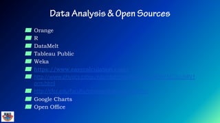 ▰ Orange
▰ R
▰ DataMelt
▰ Tableau Public
▰ Weka
▰ https://www.easycalculation.com/
▰ http://www.physics.csbsju.edu/stats/contingency_NROW_NCOLUMN_f
orm.html
▰ http://cfcc.edu/faculty/cmoore/IndexExcHtm.htm
▰ Google Charts
▰ Open Office
 