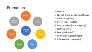 Promotion
Marketing
Mix
Product
Price
Promotion
Place
People
Prosess
Physical
Envidence
Promotion:
1. Special offers (penawaran khusus)
2. Advertising (iklan)
3. User n trials (ujicoba)
4. Direct mailling (surat langsung)
5. Leaflet/posters
6. Free gifts (hadiah)
7. Competitions (persaingan)
8. Joint ventures (patungan)
 
