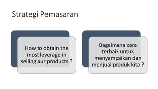 Strategi Pemasaran
How to obtain the
most leverage in
selling our products ?
Bagaimana cara
terbaik untuk
menyampaikan dan
menjual produk kita ?
 