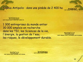 Sophia Antipolis : dans une pinède de 2 400 ha  1 300 entreprises du monde entier 30 000 emplois en recherche dans les TIC, les Sciences de la vie, l'énergie, la gestion de l'eau,  les risques, le développement durable. 