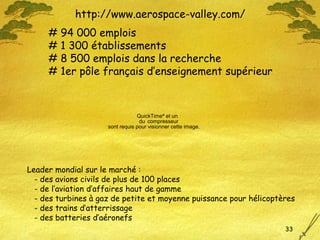 http://www.aerospace-valley.com/ # 94 000 emplois # 1 300 établissements # 8 500 emplois dans la recherche # 1er pôle français d’enseignement supérieur Leader mondial sur le marché : - des avions civils de plus de 100 places - de l’aviation d’affaires haut de gamme - des turbines à gaz de petite et moyenne puissance pour hélicoptères - des trains d’atterrissage - des batteries d’aéronefs 