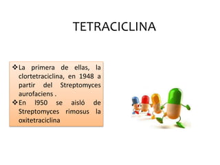TETRACICLINA
La primera de ellas, la
clortetraciclina, en 1948 a
partir del Streptomyces
aurofaciens .
En l950 se aisló de
Streptomyces rimosus la
oxitetraciclina
 