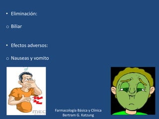 • Eliminación:
o Biliar
• Efectos adversos:
o Nauseas y vomito

Farmacología Básica y Clínica
Bertram G. Katzung

 