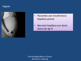 Hígado
• Pacientes con insuficiencia
hepática previa
• Necrosis hepática con dosis
diaria de 4g IV

Farmacología Básica y Clínica
Bertram G. Katzung

 