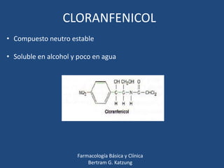 CLORANFENICOL
• Compuesto neutro estable
• Soluble en alcohol y poco en agua

Farmacología Básica y Clínica
Bertram G. Katzung

 