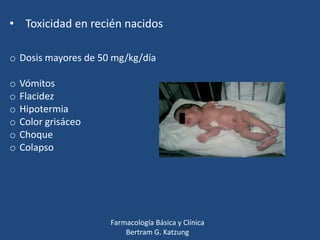 • Toxicidad en recién nacidos
o Dosis mayores de 50 mg/kg/día
o
o
o
o
o
o

Vómitos
Flacidez
Hipotermia
Color grisáceo
Choque
Colapso

Farmacología Básica y Clínica
Bertram G. Katzung

 