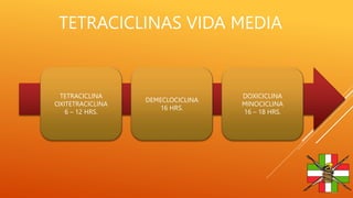 TETRACICLINAS VIDA MEDIA
TETRACICLINA
OXITETRACICLINA
6 – 12 HRS.
DEMECLOCICLINA
16 HRS.
DOXICICLINA
MINOCICLINA
16 – 18 H...