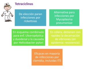 Tetraciclinas
De elección paran
infecciones por
rickettsias
Alternativa para
infecciones por
Mycoplasma
pneumoniae
En esquema combinado
para enf. Ulceropéptica
y duodenal y la causada
por Helicobacter pylori
En cólera, detienen con
rapidez la decamación
de vibriones (en
epidemia: resistencia)
Eficaces en mayoría
de infecciones por
clamidia, incluidas ITS
 