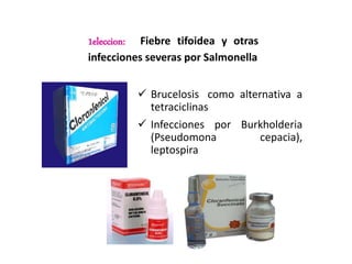 1eleccion: Fiebre tifoidea y otras
infecciones severas por Salmonella
 Brucelosis, como alternativa a
tetraciclinas.
 Infecciones por Burkholderia
(Pseudomona cepacia),
leptospira
 