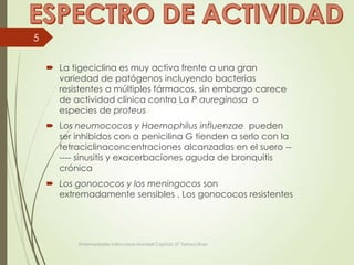  La tigeciclina es muy activa frente a una gran
variedad de patógenos incluyendo bacterias
resistentes a múltiples fármacos, sin embargo carece
de actividad clínica contra La P aureginosa o
especies de proteus
 Los neumococos y Haemophilus influenzae pueden
ser inhibidos con a penicilina G tienden a serlo con la
tetraciclinaconcentraciones alcanzadas en el suero --
---- sinusitis y exacerbaciones aguda de bronquitis
crónica
 Los gonococos y los meningocos son
extremadamente sensibles . Los gonococos resistentes
Enfermedades infecciosas Mandell Capitulo 27 Tetraciclinas
5
 