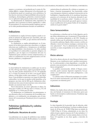 mujeres y en ancianos, está producido por la toxina de Clos-
tridium difficile, y aunque clásicamente se ha relacionado con
la clindamicina, puede ser causado por otros antibióticos. Se
han descrito reacciones de hipersensibilidad, alteraciones he-
matológicas, dermatológicas, poliartritis y trastornos hepáti-
cos. La aplicación tópica puede producir efectos sistémicos.
La administración de clindamicina debe suspenderse de
inmediato ante la presencia de diarrea significativa o colitis.
El metronidazol o la vancomicina pueden emplearse para tra-
tar la colitis pseudomembranosa asociada con antibióticos.
Indicaciones
La clindamicina se emplea de forma empírica cuando se sos-
pecha la existencia de infecciones por anaerobios, salvo que
estén localizadas en el SNC, ya que atraviesa mal la barrera
hemato-encefálica.
La clindamicina se emplea principalmente en el trata-
miento de las infecciones graves por anaerobios y en algunas
infecciones por estafilococos y estreptococos en individuos
con hipersensibilidad a beta-lactámicos. Se utiliza también
en la profilaxis de la endocarditis en pacientes alérgicos a la
penicilina y por vía tópica en el tratamiento del acné. La
clindamicina posee asimismo acciones antiprotozoarias y se
utiliza en combinación con otros antiprotozoarios en la ba-
besiosis, paludismo y toxoplasmosis18
.
Posología
La dosis habitual de clindamicina en adultos por vía oral es
de 150 a 450 mg cada 6 horas, según la gravedad de la infec-
ción. En niños pueden administrarse de 10 a 20 mg/kg/día
en 3 o 4 dosis; los menores de un año o con un peso igual o
inferior a 10 kg deben recibir como mínimo 37,5 mg cada 8
horas. Como profilaxis en pacientes con riesgo de desarrollar
endocarditis y en los que no pueden recibir penicilina, se ha
propuesto una dosis oral de 600 mg de clindamicina admi-
nistrada una hora antes de intervenciones como extracciones
dentales con anestesia local o sin ella.
Para la lincomicina, de menor aplicación en clínica, las
dosis para el adulto son 500 mg cada 6 u 8 horas y 30 a 60
mg/kg/día en 3 o 4 dosis para los niños.
La clindamicina, en combinación con pirimetamina, es
una alternativa eficaz en el tratamiento de la encefalitis toxo-
plásmica y, en combinación con primaquina, para el trata-
miento de la neumonía por Pneumocystis jiroveci en pacientes
con sida.
Polimixinas (polimixina B y colistina
[polimixina E])
Clasificación. Mecanismo de acción
Las polimixinas son un grupo de antibióticos muy similares
obtenidos de diversas cepas de Bacillus polymyxa. La actividad
TETRACICLINAS, FENICOLES, LINCOSAMIDAS, POLIMIXINAS, ESPECTINOMICINA, FOSFOMICINA
Medicine. 2006;9(58):3776-3781 3779
antimicrobiana de polimixina B y colistina es semejante y se
limita a bacterias gramnegativas. Son bactericidas, actúan
como detergentes catiónicos, mediante la interacción con los
fosfolípidos y lipopolisacáridos de la membrana bacteriana,
penetran en la estructura de las bacterias alterando la per-
meabilidad de la membrana celular13
. Estudios in vitro con
Escherichia coli han demostrado que puede aparecer resisten-
cia por modificación de los grupos fosfato de los lipopolisa-
cáridos de la pared celular19
.
Datos farmacocinéticos
Las polimixinas se absorben mal en el tubo digestivo, por lo
que deben administrarse por vía parenteral. El porcentaje de
unión a las proteínas plasmáticas es del 50%. Estudios en
animales indican que las polimixinas permanecen en el teji-
do muscular, pulmonar, hígado, riñón, corazón y cerebro, no
difunden a través de la barrera meníngea y atraviesan la ba-
rrera placentaria20
. Tras la administración intravenosa, la
excreción es renal, recuperándose en la orina un 80% a las
24 horas21
.
Efectos adversos
Dos de los efectos adversos de estos fármacos limitan nota-
blemente su uso: insuficiencia renal y parálisis neuromuscu-
lar. La nefrotoxicidad es dosis-dependiente y reversible. Se
presenta como proteinuria y elevación progresiva de los pro-
ductos nitrogenados19
.
La parálisis neuromuscular, debido al bloqueo neuro-
muscular, puede ocasionar depresión respiratoria. Los pa-
cientes con insuficiencia renal están predispuestos a esta
complicación22
.
La colistina reduce la liberación presináptica de acetilco-
lina en la unión neuromuscular y por ello no debe utilizarse
en pacientes con miastenia gravis.
Indicaciones
Debido a los citados efectos adversos, la indicación de colis-
tina está limitada al tratamiento de infecciones graves por
bacilos no fermentadores multirresistentes: Pseudomonas spp.
y Acinetobacter spp.23
.
Posología
La dosis dependerá de la gravedad, tipo de infección, edad,
peso y función renal del paciente. Las dosis en adultos de peso
menor de 60 kg son de 50.000 UI/kg hasta un máximo de
75.000 UI/kg en 24 horas, administrado en tres dosis. En
adultos de peso superior (mayores de 65 años incluidos), 1-2
millones UI cada 8 horas. La dosis máxima diaria es de 6 mi-
llones UI repartida en tres dosis iguales a intervalos de
8 horas19
.
05 Actualiz 58 (3776-781) 30/6/06 11:53 Página 3779
 