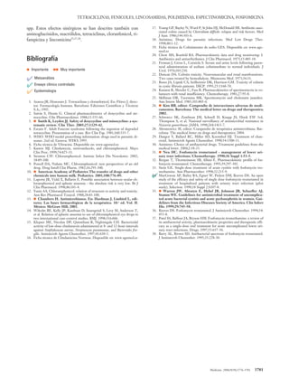 spp. Estos efectos sinérgicos se han descrito también con
aminoglucósidos, macrólidos, tetraciclinas, cloranfenicol, ri-
fampicina y lincomicina35,37,38
.
Bibliografía
• Importante •• Muy importante
✔ Metaanálisis
✔ Ensayo clínico controlado
✔ Epidemiología
✔
1. Azanza JR, Honorato J. Tetraciclinas y cloranfenicol. En: Flórez J, direc-
tor. Farmacología humana. Barcelona: Ediciones Científicas y Técnicas
S.A.; 1992.
✔
2. Saivin S, Houin G. Clinical pharmacokinetics of doxycycline and mi-
nocycline. Clin Pharmacokinet. 1988;15:355-66.
✔
3. • Smith K, Leyden JJ. Safety of doxycycline and minocycline: a sys-
tematic review. Clin Ther. 2005;27:1329-42.
✔
4. Escuin F. Adult Fanconi syndrome following the ingestion of degraded
tetracycline. Presentation of a case. Rev Clin Esp. 1981;160:335-7.
✔
5. WHO. WHO model prescribing information: drugs used in parasitic di-
seases. 2nd ed. Geneva: WHO; 1995.
✔
6. Ficha técnica de Vibracina. Disponible en: www.agemed.es
✔
7. Kasten MJ. Clindamycin, metronidazole, and chloramphenicol. Mayo
Clin Proc. 1999;74:825-33.
✔
8. Stratton CW. Chloramphenicol. Antimic Infect Dis Newsletter. 2002;
18:89-100.
✔
9. Powell DA, Nahata MC. Chloramphenicol: new perspectives of an old
drug. Drug Intell Clin Pharm. 1982;16:295-300.
✔
10. • American Academy of Pediatrics The transfer of drugs and other
chemicals into human milk. Pediatrics. 2001;108:776-89.
✔
11. Laporte JR, Vidal X, Ballarin E. Possible association between ocular ch-
loramphenicol and aplastic anaemia - the absolute risk is very low. Br J
Clin Pharmacol. 1998;46:181-4.
✔
12. Yunis AA. Chloramphenicol: relation of structure to activity and toxicity.
Ann Rev Pharmacol Toxicol. 1988;28:83-100.
✔
13. • Chambers H. Antimicrobianos. En: Hardman J, Limbird L, edi-
tores. Las bases farmacológicas de la terapéutica. 10.a
ed. Vol. II.
México: McGraw Hill; 2003.
✔
14. Wiholm BE, Kelly JP, Kaufman D, Issaragrisil S, Levy M, Anderson T,
et al. Relation of aplastic anaemia to use of chloramphenicol eye drops in
two international case-control studies. BMJ. 1998;316:666.
✔
15. Klepser ME, Nicolau DP, Quintiliani R, Nightingale CH. Bactericidal
activity of low-dose clindamycin administered at 8- and 12-hour intervals
against Staphylococcus aureus, Streptococcus pneumoniae, and Bacteroides fra-
gilis. Antimicrob Agents Chemother. 1997;41:630-5.
✔
16. Ficha técnica de Clindamicina Normon. Disponible en: www.agemed.es
TETRACICLINAS, FENICOLES, LINCOSAMIDAS, POLIMIXINAS, ESPECTINOMICINA, FOSFOMICINA
Medicine. 2006;9(58):3776-3781 3781
✔
17. Young GP, Bayley N, Ward P, St John DJ, McDonald MI. Antibiotic-asso-
ciated colitis caused by Clostridium difficile: relapse and risk factors. Med
J Aust. 1986;144:303-6.
✔
18. Anónimo. Drugs for parasitic infections. Med Lett Drugs Ther.
1998;40:1-12.
✔
19. Ficha técnica de Colistimetato de sodio GES. Disponible en: www.age-
med.es
✔
20. Chow MS, Ronfeld RA. Pharmacokinetic data and drug monitoring: I.
Antibiotics and antiarrhythmics. J Clin Pharmacol. 1975;15:405-18.
✔
21. Froman J, Gross L, Curatola S. Serum and urine levels following paren-
teral administration of sodium colistimethate to normal individuals. J
Urol. 1970;103:210.
✔
22. Duncan DA. Colistin toxicity. Neuromuscular and renal manifestations.
Two cases treated by hemodialysis. Minnesota Med. 1973;56:31.
✔
23. Bosso JA, Liptak CA, Seilheimer DK, Harrison GM. Toxicity of colistin
in cystic fibrosis patients. DICP. 1991;25:1168-70.
✔
24. Kusumi R, Metzler C, Fass R. Pharmacokinetics of spectinomycin in vo-
lunteers with renal insufficiency. Chemotherapy. 1981;27:95-8.
✔
25. Skillman DR, Taormina MK. Spectinomycin and cholestatic jaundice.
Ann Intern Med. 1985;103:805-6.
✔
26. • Kim RB, editor. Compendio de interacciones adversas de medi-
camentos. Barcelona: The medical letter on drugs and therapeutics;
2002.
✔
27. Schwarcz SK, Zenilman JM, Schnell D, Knapp JS, Hook EW 3rd,
Thompson S, et al. National surveillance of antimicrobial resistance in
Neisseria gonorrhoeae. JAMA. 1990;264:1413-7.
✔
28. Abramowicz M, editor. Compendio de terapéutica antimicrobiana. Bar-
celona: The medical letter on drugs and therapeutics; 2004.
✔
29. Dangor Y, Ballard RC, Miller SD, Koornhof HJ. Treatment of chan-
croid. Antimicrob Agents Chemother. 1990;34:1308-11.
✔
30. Anónimo: Choice of antibacterial drugs. Treatment guidelines from the
medical letter. 2004;2:18-23.
✔
31. • Neu HC. Fosfomycin trometamol - management of lower uri-
nary tract infections. Chemotherapy. 1990;36 Suppl 1:53-5.
✔
32. Bergan T, Thorsteinsson SB, Albini E. Pharmacokinetic profile of fos-
fomycin trometamol. Chemotherapy. 1993;39:297-301.
✔
33. Stein GE. Single-dose treatment of acute cystitis with fosfomycin tro-
methamine. Ann Pharmacother. 1998;32:215-9.
✔
34. MacGowan AP, Bailey RA, Egner W, Picken DM, Reeves DS. An open
study of the efficacy and safety of single dose fosfomycin trometamol in
treatment of hospitalized patients with urinary tract infection (pilot
study). Infection. 1990;18 Suppl 2:S107-8.
✔
35. • Warren JW, Abrutyn E, Hebel JR, Johnson JR, Schaeffer AJ,
Stamm WE. Guidelines for antimicrobial treatment of uncomplica-
ted acute bacterial cystitis and acute pyelonephritis in women. Gui-
delines from the Infectious Diseases Society of America. Clin Infect
Dis. 1999;29:745-58.
✔
36. Reeves DS. Fosfomycin trometamol. J Antimicrob Chemother. 1994;34:
853-8.
✔
37. Patel SS, Balfour JA, Bryson HM. Fosfomycin tromethamine: a review of
its antibacterial activity, pharmacokinetic properties and therapeutic effi-
cacy as a single-dose oral treatment for acute uncomplicated lower uri-
nary tract infections. Drugs. 1997;53:637-56.
✔
38. Barry AL, Brown SD. Antibacterial spectrum of fosfomycin trometamol.
J Antimicrob Chemother. 1995;35:228-30.
05 Actualiz 58 (3776-781) 30/6/06 11:53 Página 3781
 