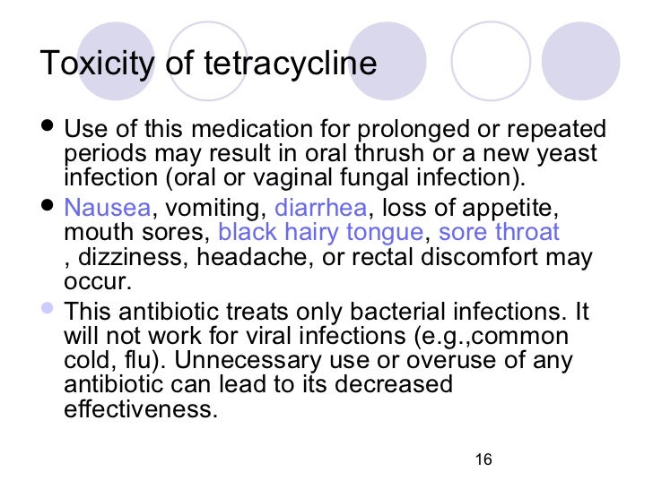 Toxicity of tetracyclineï¬ Use   of this medication for prolonged or repeated  periods may result in oral thrush or a new y...
