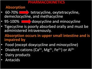 PHARMACOKINETICS
Absorption
• 60-70% tetracycline, oxytetracycline,
demeclocycline, and methacycline
• 95-100% doxycycline and minocycline
• Tigecycline is poorly absorbed orally and must be
administered intravenously.
Absorption occurs in upper small intestine and is
impaired by
• Food (except doxycycline and minocycline)
• Divalent cations (Ca2+, Mg2+, Fe2+) or Al3+
• Dairy products
• Antacids
 