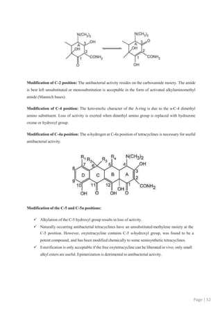 Modification of C-2 position: The antibacterial activity resides on the carboxamide moiety. The amide
is best left unsubstituted or monosubstitution is acceptable in the form of activated alkylaminomethyl
amide (Mannich bases).
Modification of C-4 position: The keto-enolic character of the A-ring is due to the α-C-4 dimethyl
amino substituent. Loss of activity is exerted when dimethyl amino group is replaced with hydrazone
oxime or hydroxyl group.
Modification of C-4a position: The α-hydrogen at C-4a position of tetracyclines is necessary for useful
antibacterial activity.
Modification of the C-5 and C-5a positions:
 Alkylation of the C-5 hydroxyl group results in loss of activity.
 Naturally occurring antibacterial tetracyclines have an unsubstituted methylene moiety at the
C-5 position. However, oxytetracycline contains C-5 α-hydroxyl group, was found to be a
potent compound, and has been modified chemically to some semisynthetic tetracyclines.
 Esterification is only acceptable if the free oxytetracycline can be liberated in vivo; only small
alkyl esters are useful. Epimerization is detrimental to antibacterial activity.
Page | 52
 