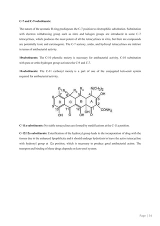 C-7 and C-9 substituents:
The nature of the aromatic D-ring predisposes the C-7 position to electrophilic substitution. Substitution
with electron withdrawing group such as nitro and halogen groups are introduced in some C-7
tetracyclines, which produces the most potent of all the tetracyclines in vitro, but their are compounds
are potentially toxic and carcinogenic. The C-7 acetoxy, azido, and hydroxyl tetracyclines are inferior
in terms of antibacterial activity.
10substituents: The C-10 phenolic moiety is necessary for antibacterial activity. C-10 substitution
with para or ortho hydrogen group activates the C-9 and C-7.
11substituents: The C-11 carbonyl moiety is a part of one of the conjugated keto-enol system
required for antibacterial activity.
Page | 54
C-11a substituents: No stable tetracyclines are formed by modifications at the C-11a position.
C-12/12a substituents: Esterification of the hydroxyl group leads to the incorporation of drug with the
tissues due to the enhanced lipophilicity and it should undergo hydrolysis to leave the active tetracycline
with hydroxyl group at 12a position, which is necessary to produce good antibacterial action. The
transport and binding of these drugs depends on keto-enol system.
 