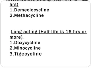 Intermediate-acting (Half-life is ~12
  hrs)
  1.Demeclocycline
  2.Methacycline


 Long-acting (Half-life is 16 hrs or
 more)
 1.Doxycycline
 2.Minocycline
 3. Tigecycline
 