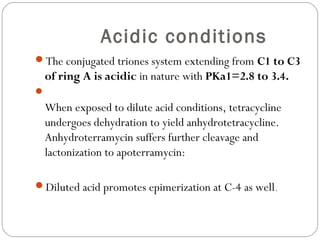 Acidic conditions 
The conjugated triones system extending from C1 to C3
  of ring A is acidic in nature with PKa1=2.8 to 3.4.

  When exposed to dilute acid conditions, tetracycline
  undergoes dehydration to yield anhydrotetracycline.
  Anhydroterramycin suffers further cleavage and
  lactonization to apoterramycin:

Diluted acid promotes epimerization at C-4 as well.
 