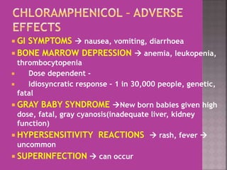  GI SYMPTOMS  nausea, vomiting, diarrhoea
 BONE MARROW DEPRESSION  anemia, leukopenia,
thrombocytopenia
 Dose dependent -
 Idiosyncratic response – 1 in 30,000 people, genetic,
fatal
 GRAY BABY SYNDROME New born babies given high
dose, fatal, gray cyanosis(inadequate liver, kidney
function)
 HYPERSENSITIVITY REACTIONS  rash, fever 
uncommon
 SUPERINFECTION  can occur
 