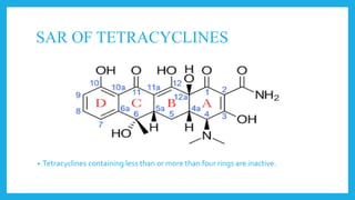 SAR OF TETRACYCLINES
• Tetracyclines containing less than or more than four rings are inactive.
 