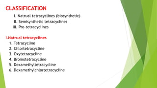 CLASSIFICATION
I. Natrual tetracyclines (biosynthetic)
II. Semisynthetic tetracyclines
III. Pro-tetracyclines
I.Natrual tetracyclines
1. Tetracycline
2. Chlortetracycline
3. Oxytetracycline
4. Bromotetracycline
5. Dexamethyltetracycline
6. Dexamethylchlortetracycline
 