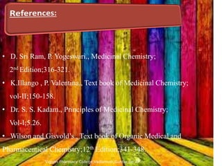 Vignan Pharmacy College,Vadlamudi,Guntur.dst,AP
38
• D. Sri Ram, P. Yogeswari., Medicinal Chemistry;
2nd Edition;316-321.
• K.Illango , P. Valentina., Text book of Medicinal Chemistry;
vol-II;150-158.
• Dr. S. S. Kadam., Principles of Medicinal Chemistry;
Vol-I;5.26.
• Wilson and Gisvold’s., Text book of Organic Medical and
Pharmaceutical Chemistry;12th Edition;341-348.
 