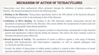 6
Tetracyclines exert their antibacterial effects primarily through the inhibition of protein synthesis in
bacteria. The detailed mechanism involves the following steps:
1.Binding to the Ribosome: Tetracyclines specifically bind to the 30S subunit of the bacterial ribosome.
This binding occurs at the A-site (aminoacyl site) of the ribosome.
2.Inhibition of tRNA Binding: By binding to the 30S ribosomal subunit, tetracyclines prevent the
attachment of aminoacyl-tRNA to the ribosome. This action inhibits the incorporation of amino acids into
the growing polypeptide chain during translation.
3.Bacteriostatic Effect: The inhibition of protein synthesis is bacteriostatic, meaning that it stops bacterial
growth and reproduction without directly killing the bacteria. This allows the host's immune system to
eliminate the bacteria more effectively.
4.Broad Spectrum of Activity: The mechanism of action is effective against a wide range of bacteria,
including both Gram-positive and Gram-negative organisms, as well as atypical pathogens such
as Chlamydia and Mycoplasma.
 Overall, the ability of tetracyclines to inhibit protein synthesis is central to their effectiveness as broad-
spectrum antibiotics, making them valuable in treating various bacterial infections.
Mechanism of Action of Tetracyclines
 