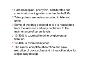 O Carbamazepine, phenytoin, barbiturates and
chronic alcohol ingestion shorten the half life.
O Tetracyclines are mainly excreted in bile and
urine.
O Some of the drug excreted in bile is reabsorbed
from the intestine and may contribute to the
maintenance of serum levels.
O 10-50% is excreted in urine by glomerular
filtration.
O 10-40% is excreted in feces.
O The almost complete absorption and slow
excretion of doxycycline and minocycline alow for
single daily dosage.
 