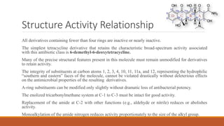 Structure Activity Relationship
All derivatives containing fewer than four rings are inactive or nearly inactive.
The simplest tetracycline derivative that retains the characteristic broad-spectrum activity associated
with this antibiotic class is 6-demethyl-6-deoxytetracycline.
Many of the precise structural features present in this molecule must remain unmodified for derivatives
to retain activity.
The integrity of substituents at carbon atoms 1, 2, 3, 4, 10, 11, 11a, and 12, representing the hydrophilic
“southern and eastern” faces of the molecule, cannot be violated drastically without deleterious effects
on the antimicrobial properties of the resulting derivatives.
A-ring substituents can be modified only slightly without dramatic loss of antibacterial potency.
The enolized tricarbonylmethane system at C-1 to C-3 must be intact for good activity.
Replacement of the amide at C-2 with other functions (e.g., aldehyde or nitrile) reduces or abolishes
activity.
Monoalkylation of the amide nitrogen reduces activity proportionately to the size of the alkyl group.
 