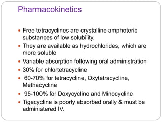 Pharmacokinetics
 Free tetracyclines are crystalline amphoteric
substances of low solubility.
 They are available as hydrochlorides, which are
more soluble
 Variable absorption following oral administration
 30% for chlortetracycline
 60-70% for tetracycline, Oxytetracycline,
Methacycline
 95-100% for Doxycycline and Minocycline
 Tigecycline is poorly absorbed orally & must be
administered IV.
 