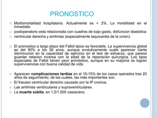 PRONOSTICO




Morbimortalidad hospitalaria. Actualmente es < 2%. La morbilidad en el
inmediato
postoperatorio esta relacionada con cuadros de bajo gasto, disfuncion diastolica
ventricular derecha y arritmias (especialmente taquicardia de la union).



El pronostico a largo plazo del Fallot tipico es favorable. La supervivencia global
es del 90% a los 30 anos, aunque evolutivamente suele aparecer cierta
disminucion en la capacidad de ejercicio en el test de esfuerzo, que parece
guardar relacion inversa con la edad de la reparación quirurgica. Los tipos
especiales de Fallot tienen peor pronóstico, aunque en su mayoria se logran
supervivencias con buena calidad de vida.



Aparecen complicaciones tardías en el 10-15% de los casos operados tras 20
años de seguimiento, de las cuales, las más importantes son.
El fracaso ventricular derecho causado por la IP cronica.
Las arritmias ventriculares y supraventriculares.
La muerte súbita, en 1,5/1.000 casos/ano.





 
