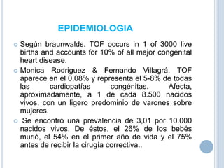EPIDEMIOLOGIA
Según braunwalds. TOF occurs in 1 of 3000 live
births and accounts for 10% of all major congenital
heart disease.
 Monica Rodriguez & Fernando Villagrá. TOF
aparece en el 0,08% y representa el 5-8% de todas
las
cardiopatías
congénitas.
Afecta,
aproximadamente, a 1 de cada 8.500 nacidos
vivos, con un ligero predominio de varones sobre
mujeres.
 Se encontró una prevalencia de 3,01 por 10.000
nacidos vivos. De éstos, el 26% de los bebés
murió, el 54% en el primer año de vida y el 75%
antes de recibir la cirugía correctiva..


 