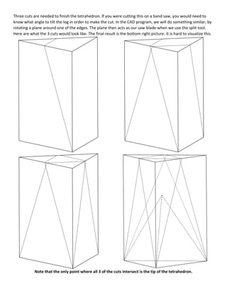 Three cuts are needed to finish the tetrahedron. If you were cutting this on a band saw, you would need to
know what angle to tilt the log in order to make the cut. In the CAD program, we will do something similar, by
rotating a plane around one of the edges. The plane then acts as our saw blade when we use the split tool.
Here are what the 3 cuts would look like. The final result is the bottom right picture. It is hard to visualize this.
Note that the only point where all 3 of the cuts intersect is the tip of the tetrahedron.
 