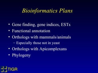 Bioinformatics Plans

• Gene finding, gene indices, ESTs
• Functional annotation
• Orthologs with mammals/animals
  – Especially those not in yeast
• Orthologs with Apicomplexans
• Phylogeny


TIGR
 