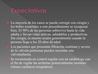 Expectativas La mayoría de los casos se puede corregir con cirugía y los bebés sometidos a este procedimiento se recuperan bien. El 90% de las personas sobrevive hasta la vida adulta y llevan vidas activas, saludables y productivas. Sin cirugía, la muerte ocurre generalmente cuando la persona llega a los 20 años de edad.Los pacientes que presentan filtración continua y severa de la válvula pulmonar pueden necesitar una valvuloplastia. Se recomienda un control regular con un cardiólogo con el fin de vigilar las arritmias potencialmente mortales (ritmos cardíacos irregulares).