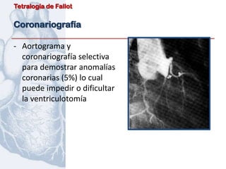 Tetralogía de Fallot


Coronariografía

- Aortograma y
  coronariografía selectiva
  para demostrar anomalías
  coronarias (5%) lo cual
  puede impedir o dificultar
  la ventriculotomía
 