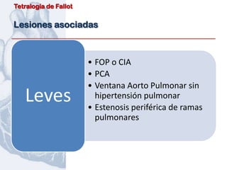 Tetralogía de Fallot


Lesiones asociadas



                       • FOP o CIA
                       • PCA
                       • Ventana Aorto Pulmonar sin
   Leves                 hipertensión pulmonar
                       • Estenosis periférica de ramas
                         pulmonares
 