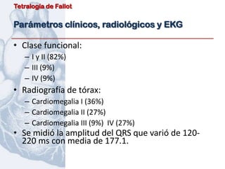 Tetralogía de Fallot


Parámetros clínicos, radiológicos y EKG

• Clase funcional:
   – I y II (82%)
   – III (9%)
   – IV (9%)
• Radiografía de tórax:
   – Cardiomegalia I (36%)
   – Cardiomegalia II (27%)
   – Cardiomegalia III (9%) IV (27%)
• Se midió la amplitud del QRS que varió de 120-
  220 ms con media de 177.1.
 