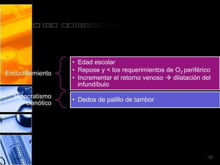 • Edad escolar
                   • Repose y < los requerimientos de O2 periférico
Encuclillamiento
                   • Incrementar el retorno venoso  dilatación del
                     infundíbulo
   Hipocratismo
                   • Dedos de palillo de tambor
       cianótico




                                                                  10
 