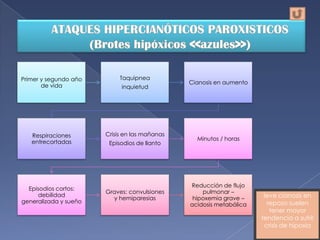 Primer y segundo año        Taquipnea
                                               Cianosis en aumento
       de vida              inquietud




   Respiraciones       Crisis en las mañanas
                                                 Minutos / horas
   entrecortadas        Episodios de llanto




                                               Reducción de flujo
  Episodios cortos:
                       Graves: convulsiones        pulmonar –
     debilidad                                                        leve cianosis en
                         y hemiparesias         hipoxemia grave –
generalizada y sueño                                                   reposo suelen
                                               acidosis metabólica
                                                                        tener mayor
                                                                     tendencia a sufrir
                                                                      crisis de hipoxia
 